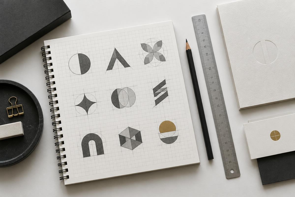 Minimal logo design sketches and refined brand identity materials