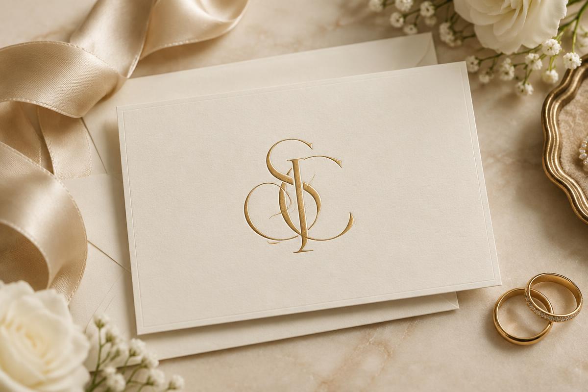 Elegant wedding stationery with botanical crest artwork for monogram logo design