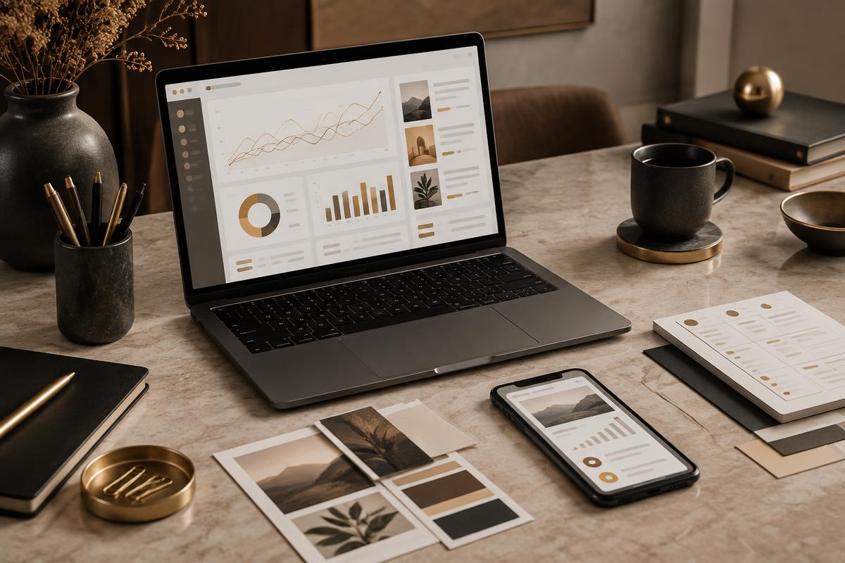 Marketing desk with campaign dashboard and planning materials