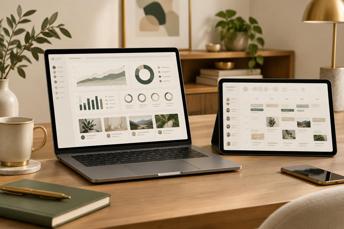 Professional devices displaying an organized social media workspace